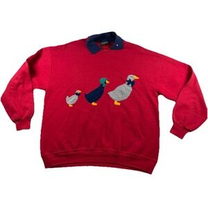 Vtg BOTL Unisex Sweatshirt XL Collared Red With Embroidered Ducks Front & Back